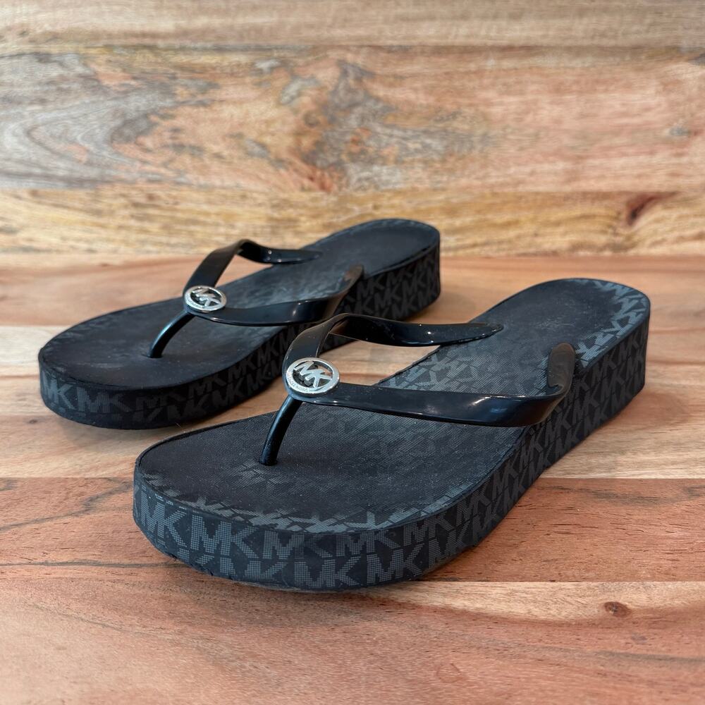 Michael Kors Black Logo Stamped with Silver MK Logo Badge Wedge Heel Flip-Flop
